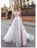 Deep V Neck Ivory Lace U Back High Slit Wedding Dress